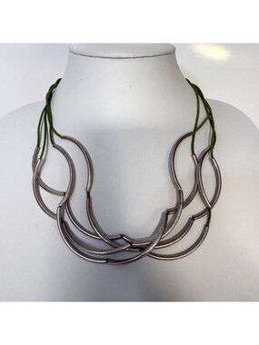 Lizzy James Silver Tone Multi-Strand Necklace Green Cord Artisan Handmade USA